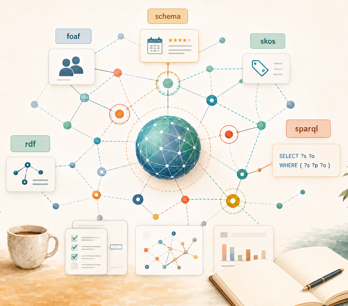 Abstract knowledge-graph illustration in cream, amber, and teal — nodes joined by dashed connections.